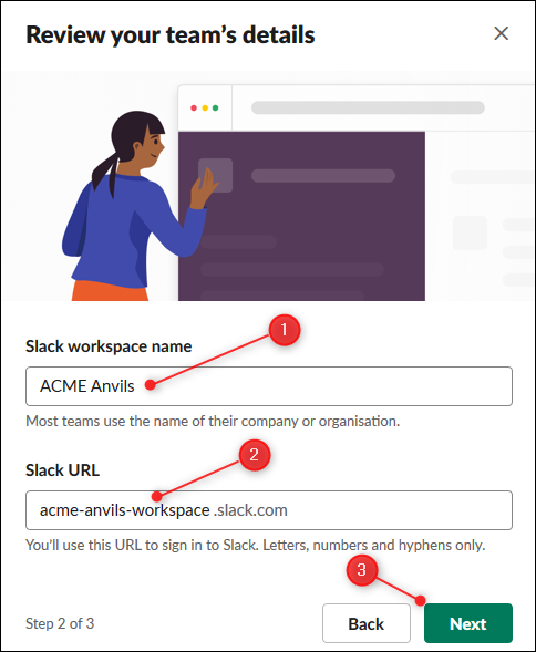 As caixas de texto para alterar o nome e o URL do seu espaço de trabalho.