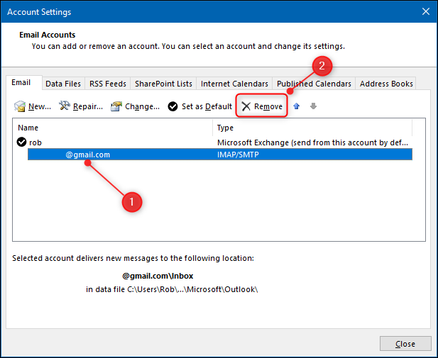 O painel "Configurações da conta" com o botão Remover destacado.