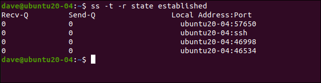 estado ss -t -r estabelecido em uma janela de terminal.