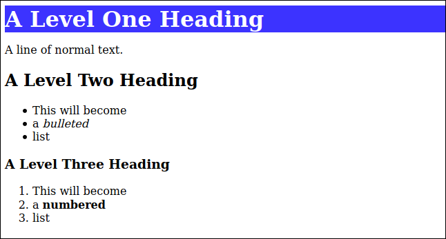 HTML renderizado a partir da marcação com um estilo CSS aplicado ao título de nível um, em uma janela do navegador