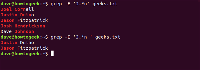 Os comandos "grep -E 'J. * n' geeks.txt" e "grep -E 'J. * n' geeks.txt" em uma janela de terminal.