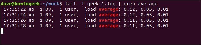 tail -f geek-1.log |  grep média em uma janela de terminal