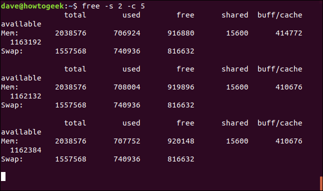free -s 2 -c 5 em uma janela de terminal