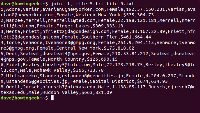 O comando "join -t, file-5.txt file-6.txt" em uma janela de terminal.