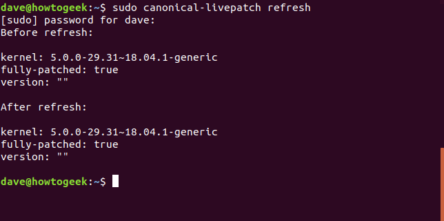 sudo canonical-livepatch refresh em uma janela de terminal