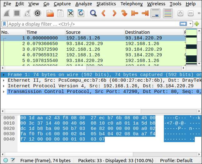 Pacotes selecionados do Brim exibidos no Wireshark.