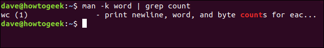 O comando "man -k word | grep count" em uma janela de terminal.