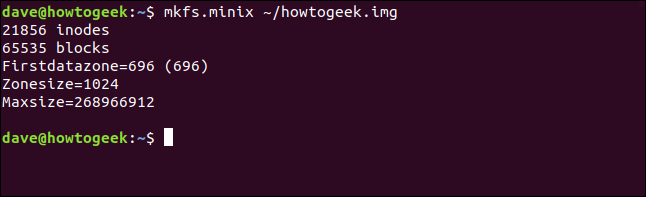 mkfs.minix ~ / howtogeek.image em uma janela de terminal