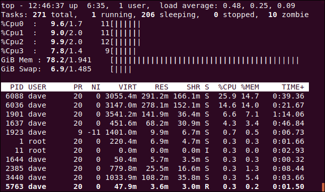 topo com gráficos ASCII para CPU e memória, em uma janela de terminal.