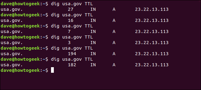 O comando "dig usa.gov TTL" em uma janela de terminal.