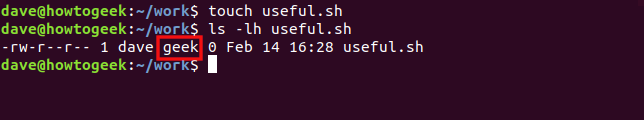 Os comandos "touch helpful.sh" e "ls -lh helpful.sh" em uma janela de terminal.