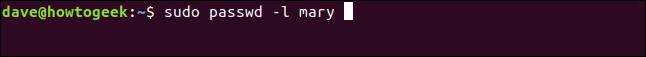 O comando "sudo passwd -l mary" em uma janela de terminal.