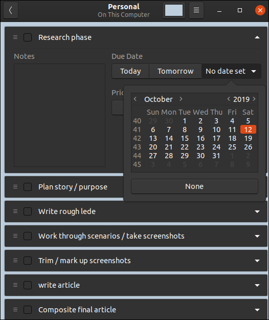 Janela principal do aplicativo ToDo com calendário exibido