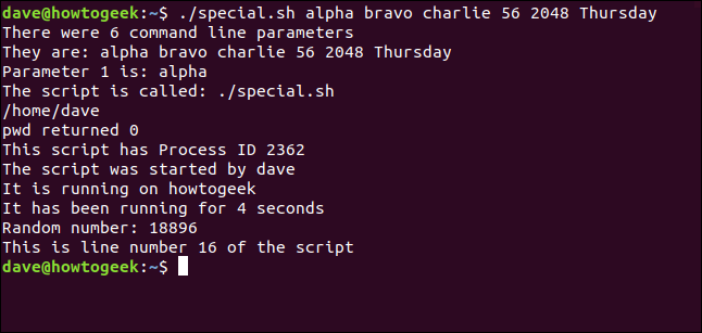 "./special.sh alpha bravo charlie 56 2048 Thursday" em uma janela de terminal.