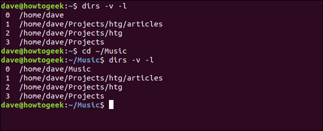 Os comandos "dirs -v -l," "cd ~ / Music" e "dirs -v -l" em uma janela de terminal.