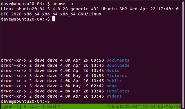 Dois comandos diferentes em dois painéis em uma sessão tmux em uma janela de terminal.