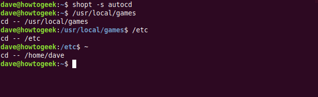 Os comandos "shopt -s autcd," "/ usr / local / games," "/ etc," e "~" em uma janela de terminal.