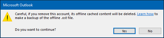 Caixa de diálogo de confirmação de remoção de conta do Outlook.