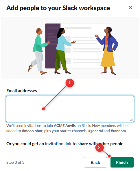 A opção de inserir endereços de e-mail de pessoas a serem convidadas e o botão Concluir.