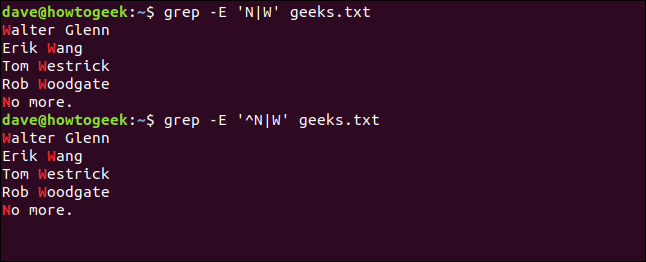 Os comandos "grep -E 'N | W' geeks.txt" e "grep -E '^ N | W' geeks.txt" em uma janela de terminal.