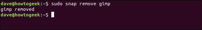 O comando "sudo snap remove gimp" em uma janela de terminal.