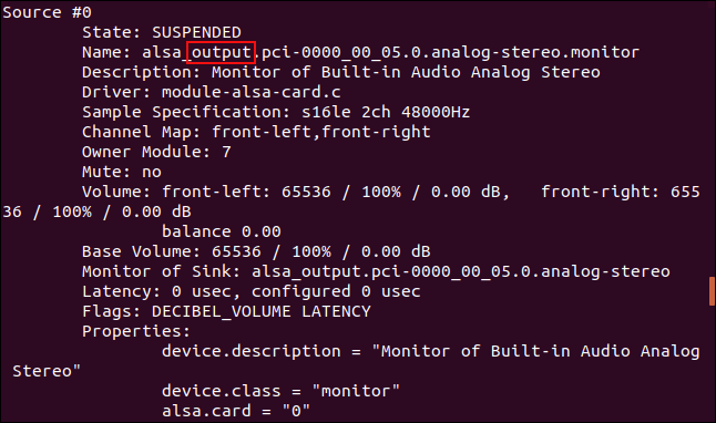 Saída pactl mostrando que há uma fonte # 0 que é uma fonte de saída