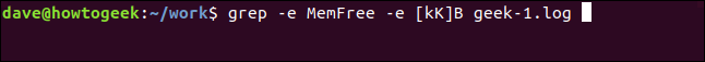 grep -e MemFree -e [kK] B geek-1.log em uma janela de terminal