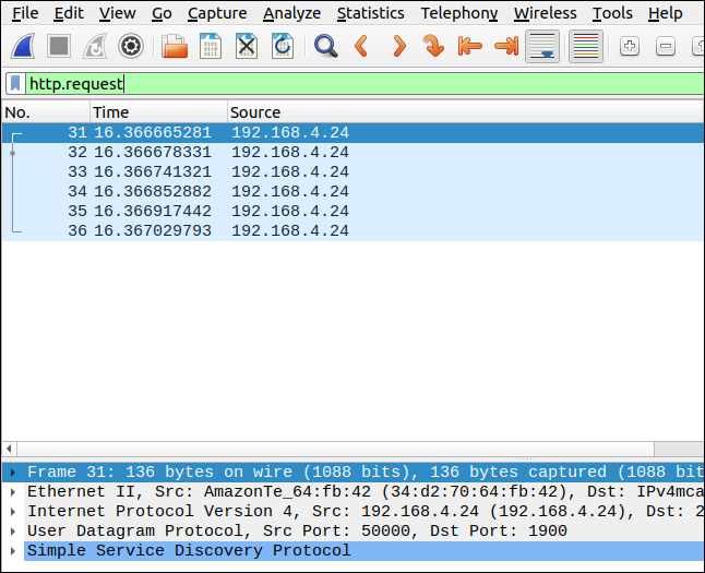 Wireshark com filtro http.request