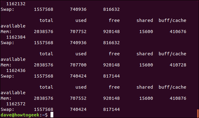 auto-rescisão do comando free -s 2 -c 5 em uma janela de terminal