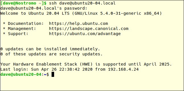 ssh dave@ubuntu20-04.local em uma janela de terminal.