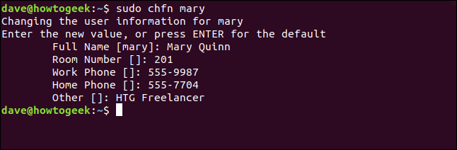 Sessão concluída para sudo chfn mary em uma janela de terminal