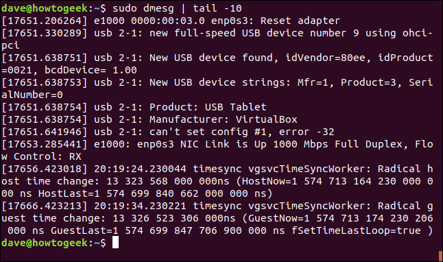 Saída de sudo dmsesg |  cauda -10 em uma janela de terminal