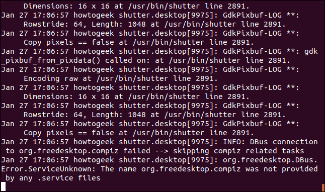 Saída de sudo journalctl -f em uma janela de terminal