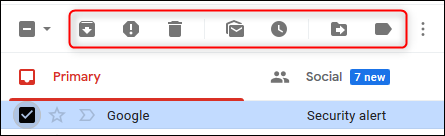 Os ícones de ação padrão no Gmail.