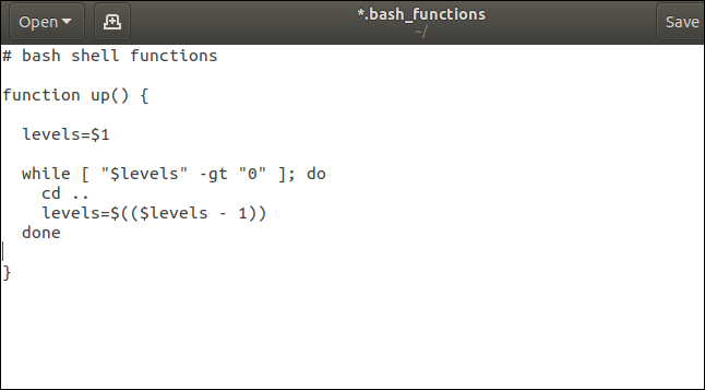 A função up () do shell Bash no gedit