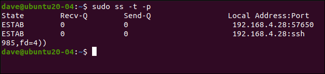 sudo ss -t -p em uma janela de terminal.