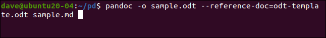 pandoc -o sample.odt --reference-doc = odt-template.odt sample.md em uma janela de terminal.