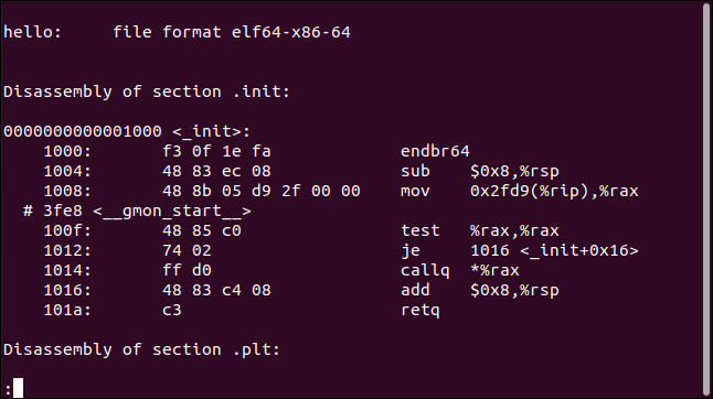 Putput de objdump -d hello |  menos em uma janela de terminal.