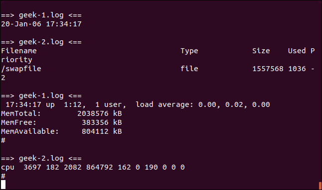 Saída de tail -f -n 5 geek-1.log geek-2.log