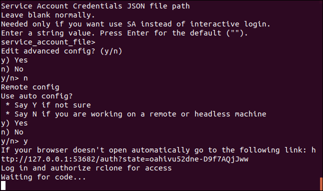 rclone prestes a lançar um navegador, em uma janela de terminal