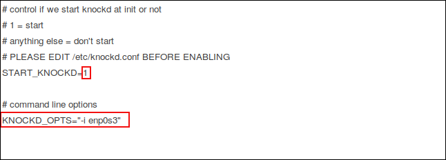 O arquivo de controle knockd no gedit com as edições destacadas.