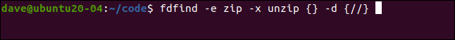 fdfind-e zip -x descompacta {} -d {//} em uma janela de terminal.