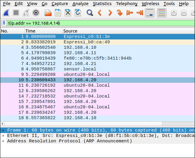 Wireshark com um filtro de! (Ip.addr == 192.168.4.14).