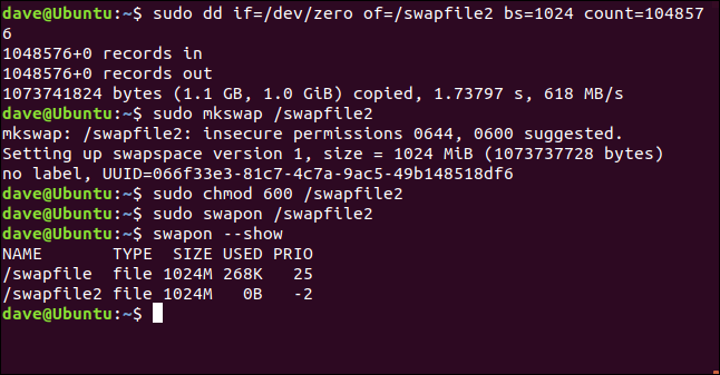 sudo dd if = / dev / zero / of = / swapfile2 bs = 1024 contagem = 104857 em uma janela de terminal