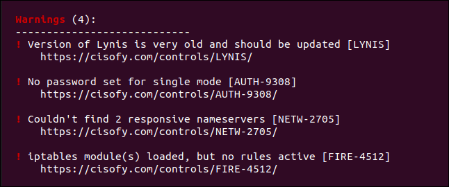 seção de avisos de um relatório de auditoria Lynis, em uma janela de terminal.