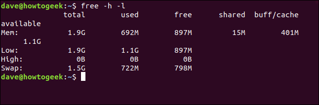 free -h -l em uma janela de terminal