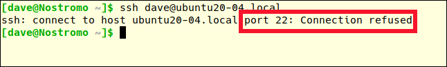 ssh dave@ubuntu20-04.local em uma janela de terminal com resposta de conexão recusada.