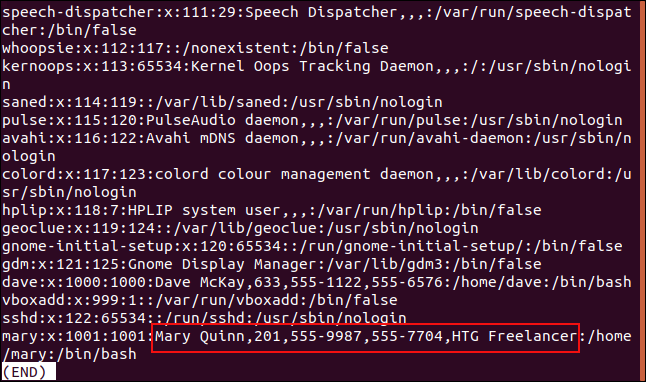 lass / etc / passwd em uma janela de terminal