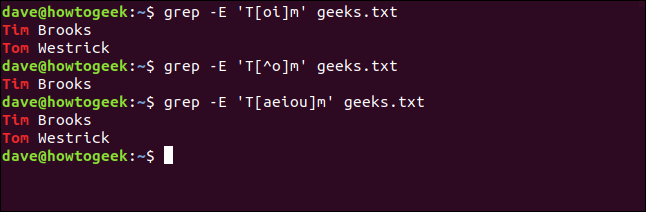 Os comandos "grep -E 'T [oi] m' geeks.txt" e "grep -E 'T [aeiou] m' geeks.txt" em uma janela de terminal.