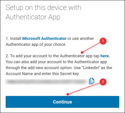 Instruções do LinkedIn para adicionar a conta a um aplicativo autenticador.